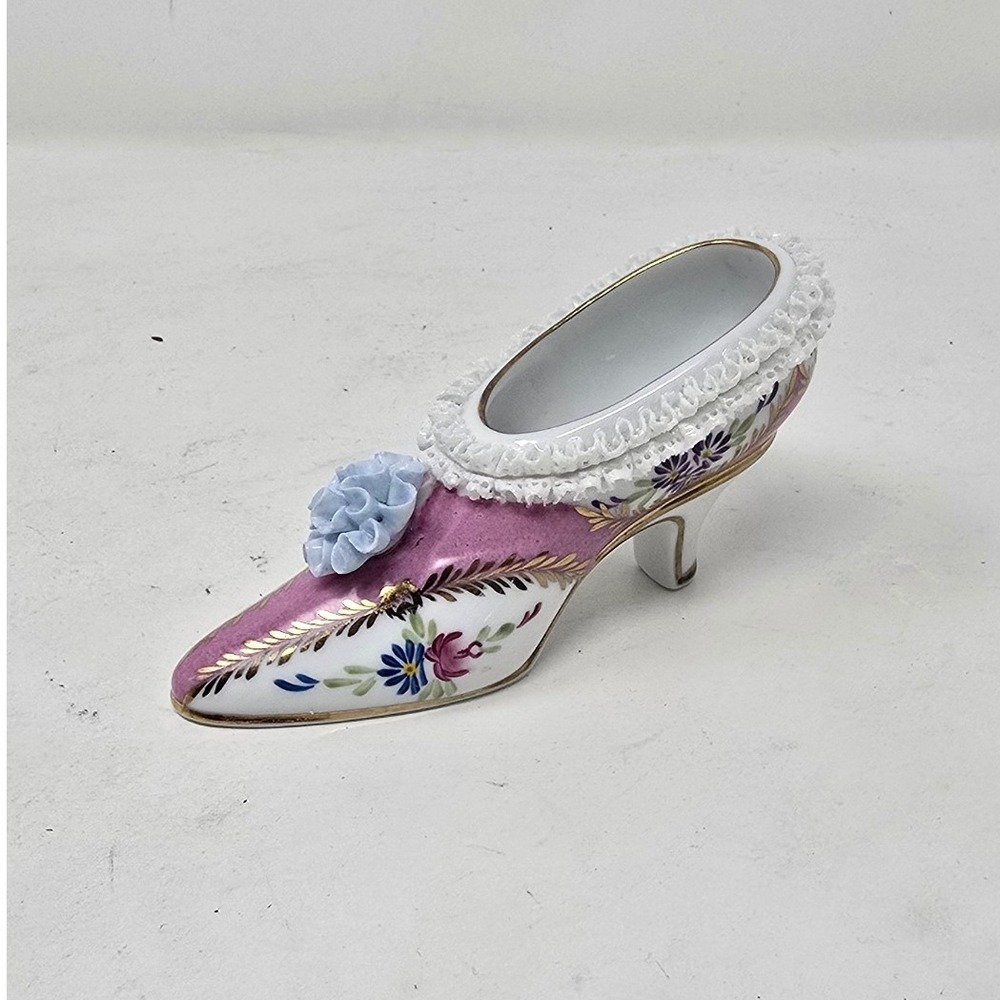 Vtg Limoges hand painted lace porcelain Victorian shoe figurine gold gilt